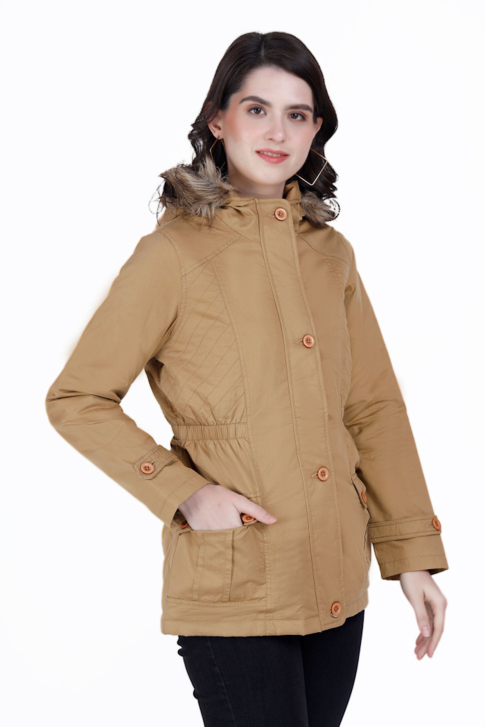 A model showcasing Cotton Jacket For Women With Non Removable Hood thumbnail.