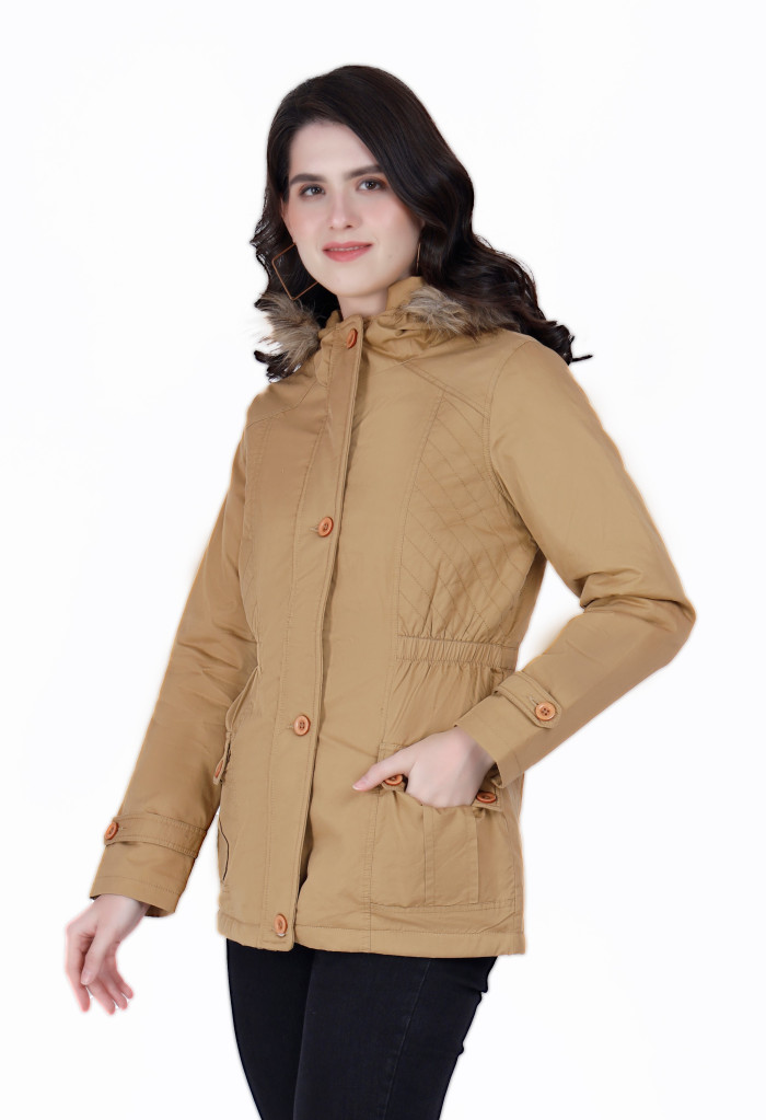 A model showcasing Cotton Jacket For Women With Non Removable Hood thumbnail.