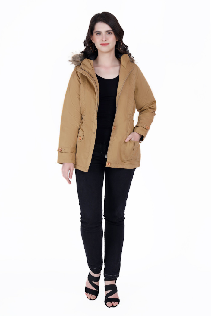 A model showcasing Cotton Jacket For Women With Non Removable Hood thumbnail.