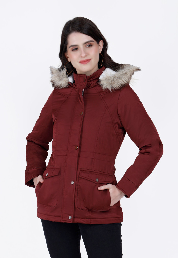 Women's Cotton Jacket With Hood - Maroon