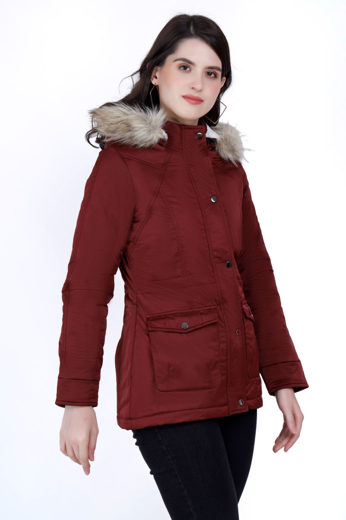 A model showcasing Cotton Jacket For Women With Non Removable Hood thumbnail.