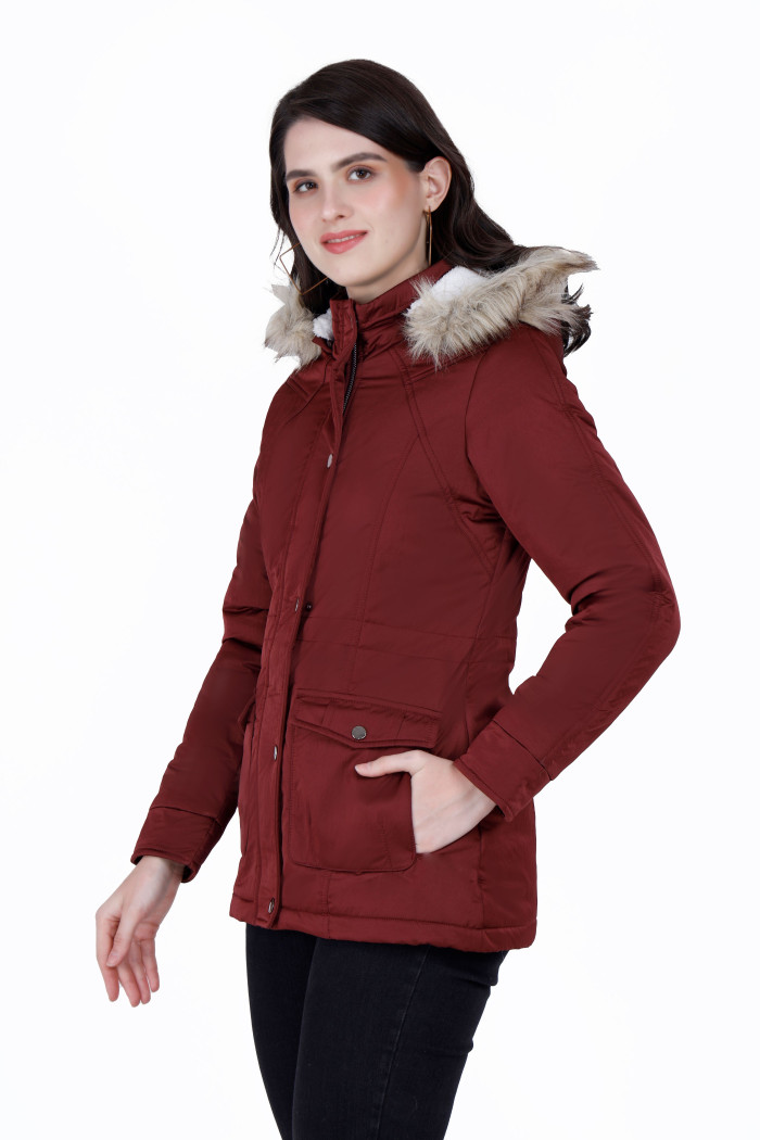 A model showcasing Cotton Jacket For Women With Non Removable Hood thumbnail.