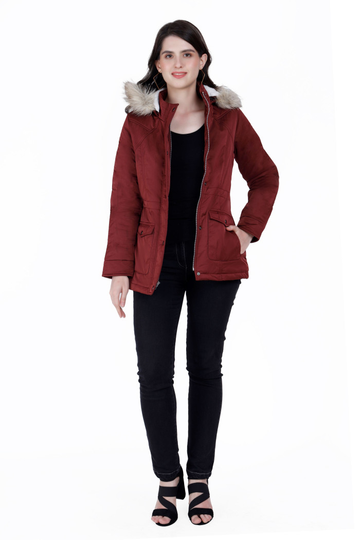 A model showcasing Cotton Jacket For Women With Non Removable Hood thumbnail.