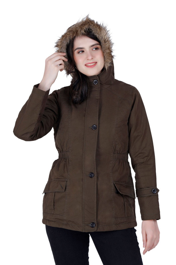 Cotton Jacket For Women With Non Removable Hood - Olive