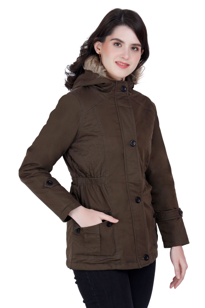 A model showcasing Cotton Jacket For Women With Non Removable Hood thumbnail.