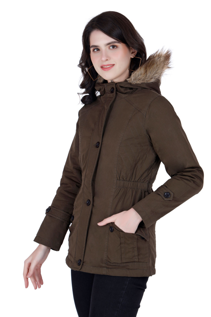 A model showcasing Cotton Jacket For Women With Non Removable Hood thumbnail.