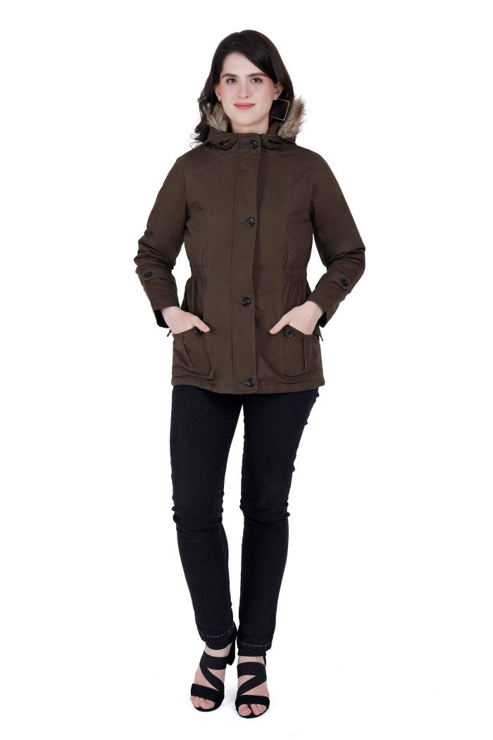 A model showcasing Cotton Jacket For Women With Non Removable Hood thumbnail.