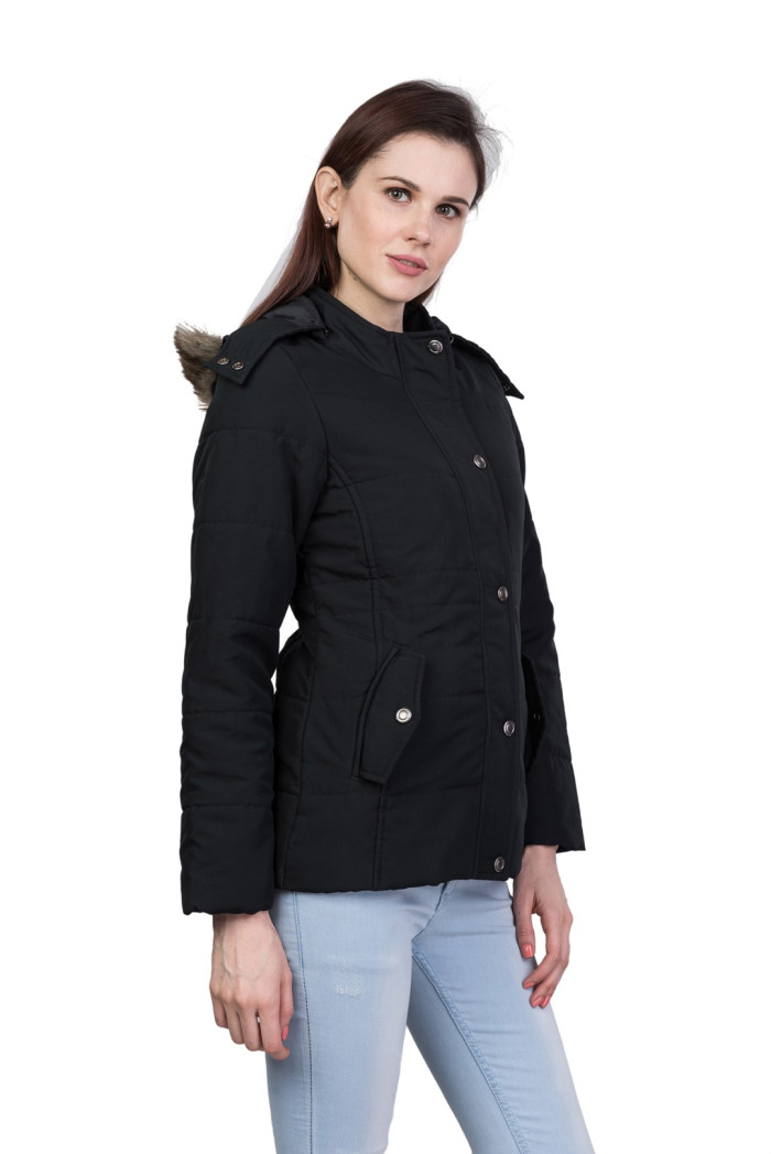 A model showcasing High Neck Regular Winter Jacket For Women With Detachable Hood thumbnail.