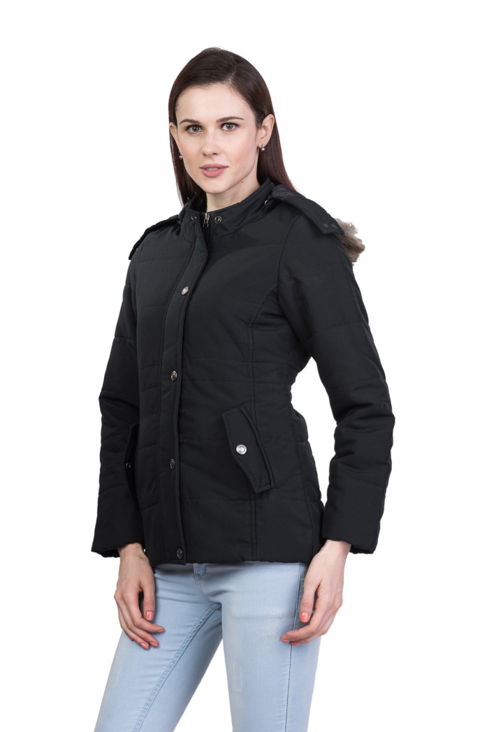 A model showcasing High Neck Regular Winter Jacket For Women With Detachable Hood thumbnail.