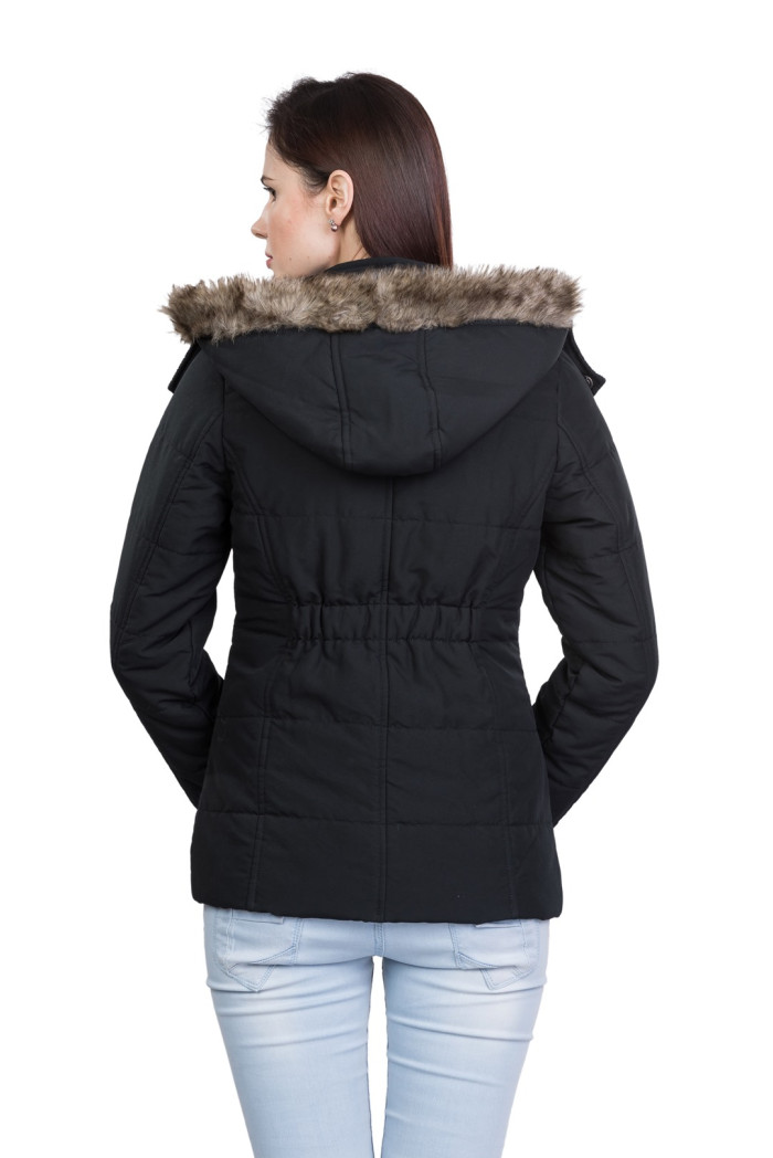 A model showcasing High Neck Regular Winter Jacket For Women With Detachable Hood thumbnail.