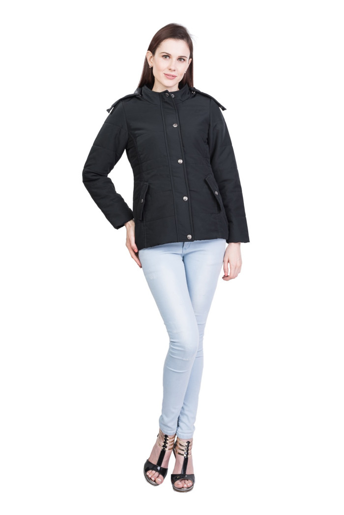 A model showcasing High Neck Regular Winter Jacket For Women With Detachable Hood thumbnail.