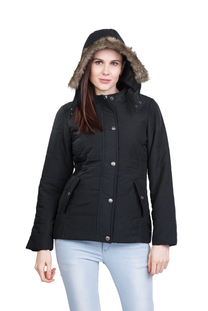 A model showcasing High Neck Regular Winter Jacket For Women With Detachable Hood thumbnail.