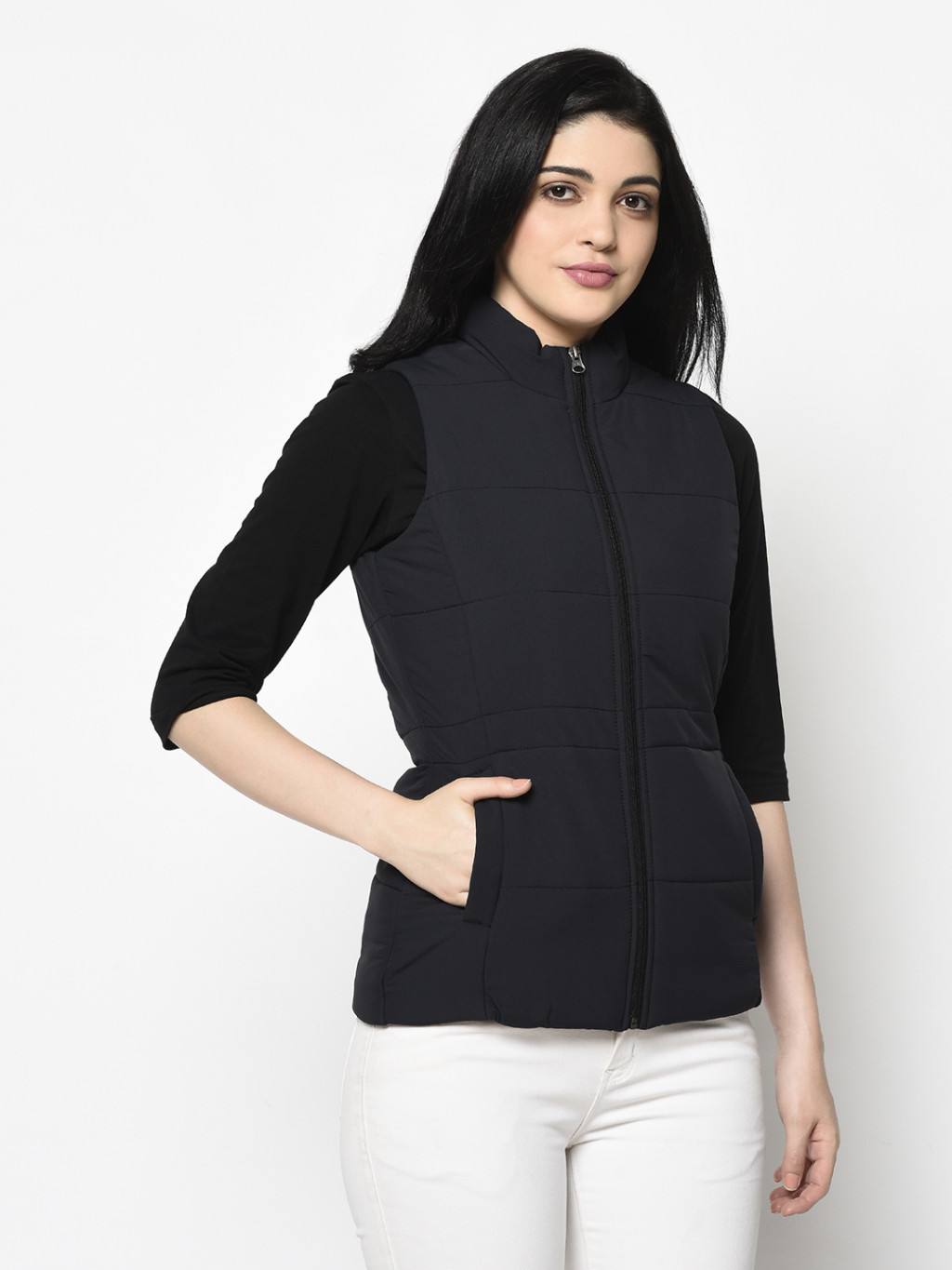 A Women wearing black high Neck Bomber jacket