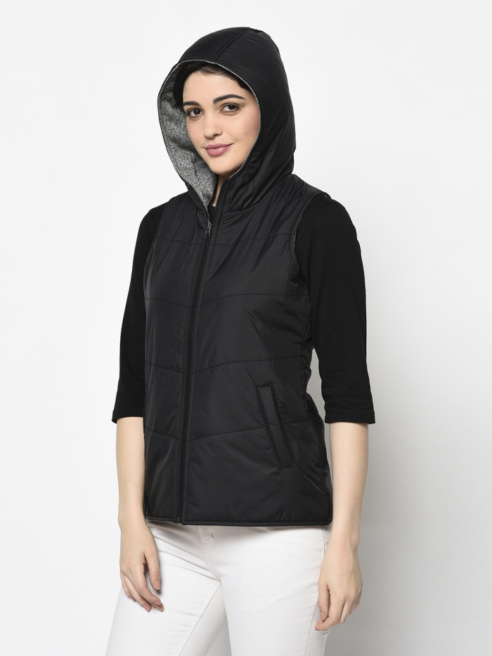 A model showcasing Women Reversible Half Jacket With Hood thumbnail.