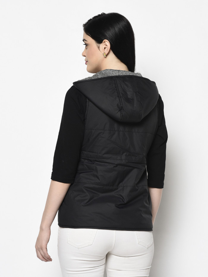 A model showcasing Women Reversible Half Jacket With Hood thumbnail.