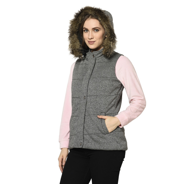 A model showcasing Women High Neck Reversible Half Jacket thumbnail.