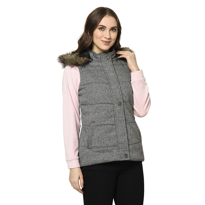 A model showcasing Women High Neck Reversible Half Jacket thumbnail.