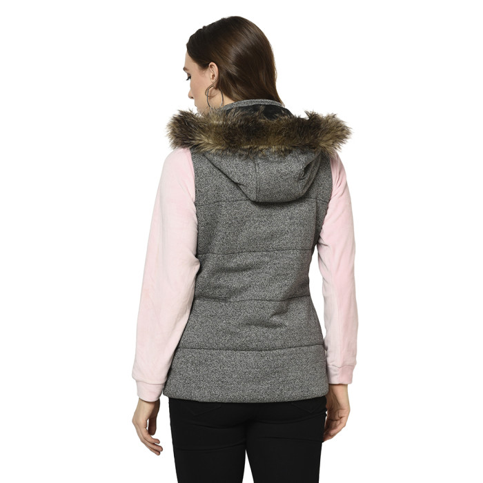 A model showcasing Women High Neck Reversible Half Jacket thumbnail.