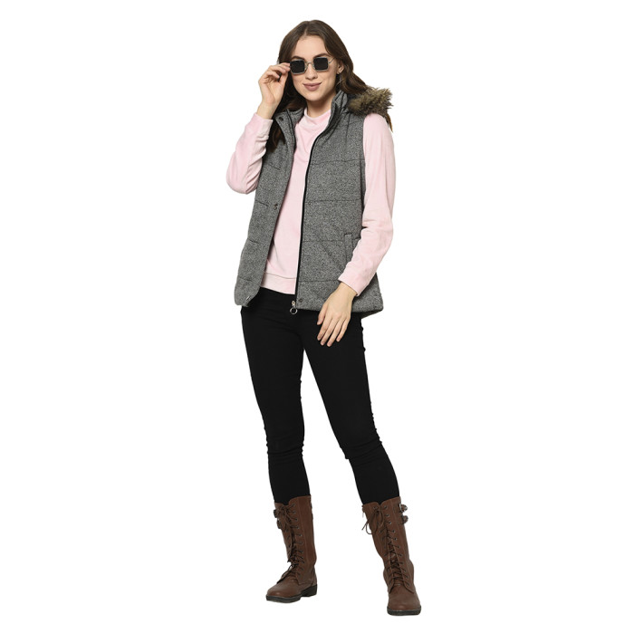 A model showcasing Women High Neck Reversible Half Jacket thumbnail.