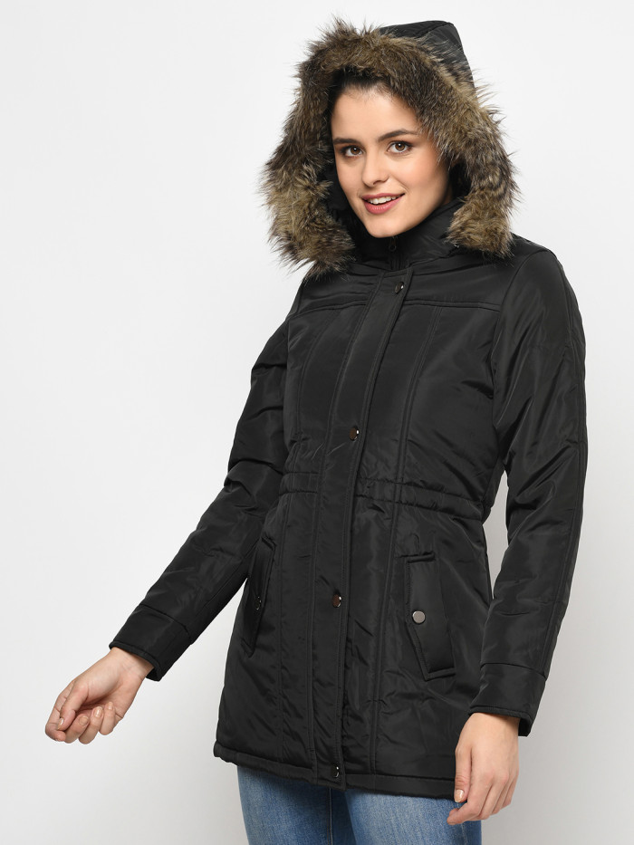 A model showcasing Women High Neck Parka Jacket With Detachable Hood thumbnail.