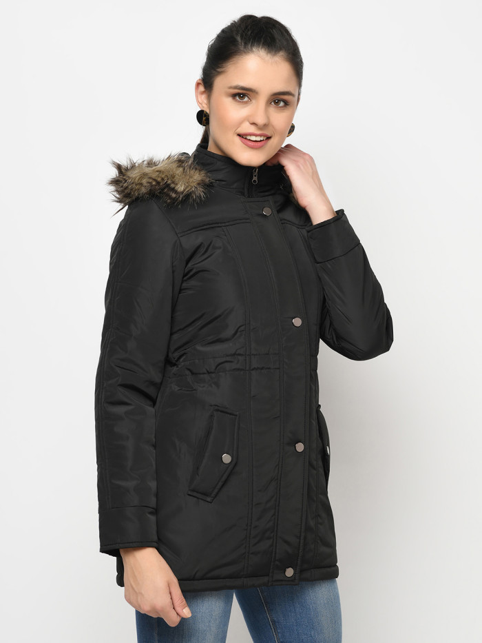 A model showcasing Women High Neck Parka Jacket With Detachable Hood thumbnail.