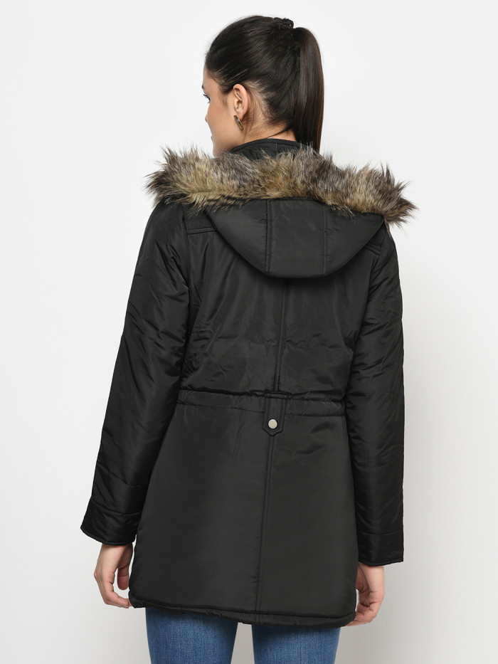 A model showcasing Women High Neck Parka Jacket With Detachable Hood thumbnail.