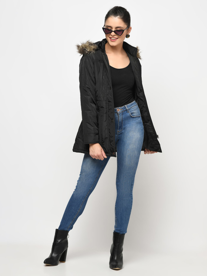 A model showcasing Women High Neck Parka Jacket With Detachable Hood thumbnail.