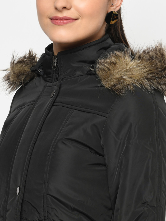 A model showcasing Women High Neck Parka Jacket With Detachable Hood thumbnail.