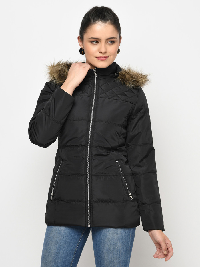 Women High Neck Puffer Jacket With Detachable Hood - Black