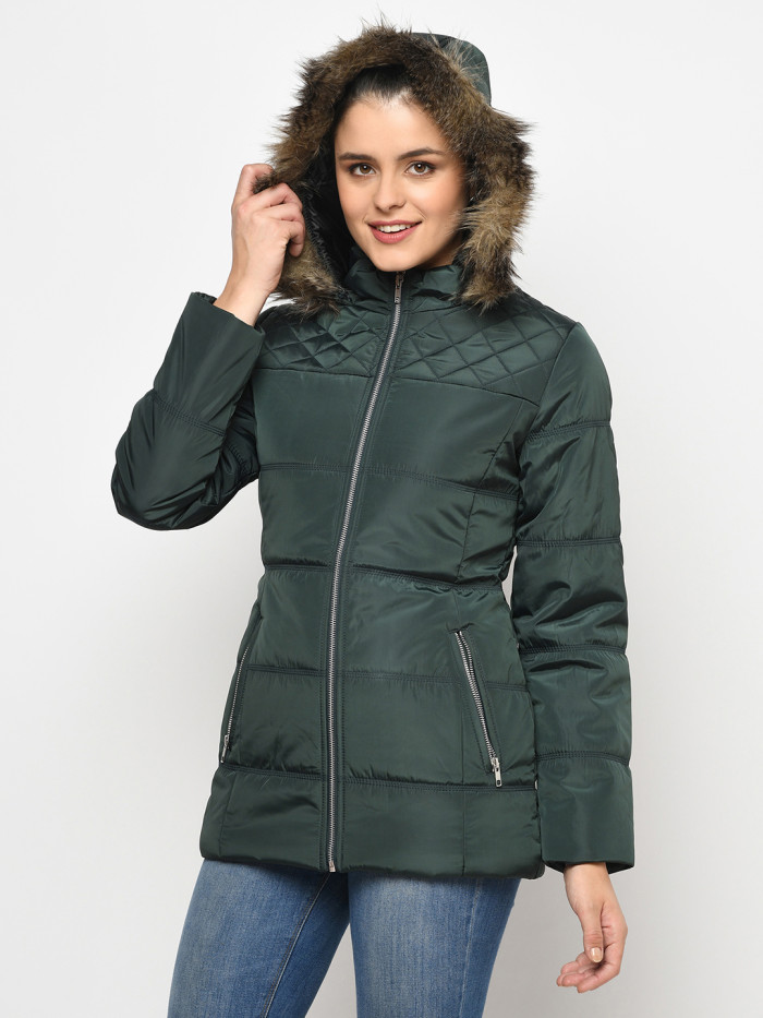 A model showcasing Women High Neck Puffer Jacket With Detachable Hood thumbnail.