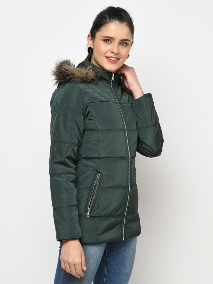 A model showcasing Women High Neck Puffer Jacket With Detachable Hood thumbnail.