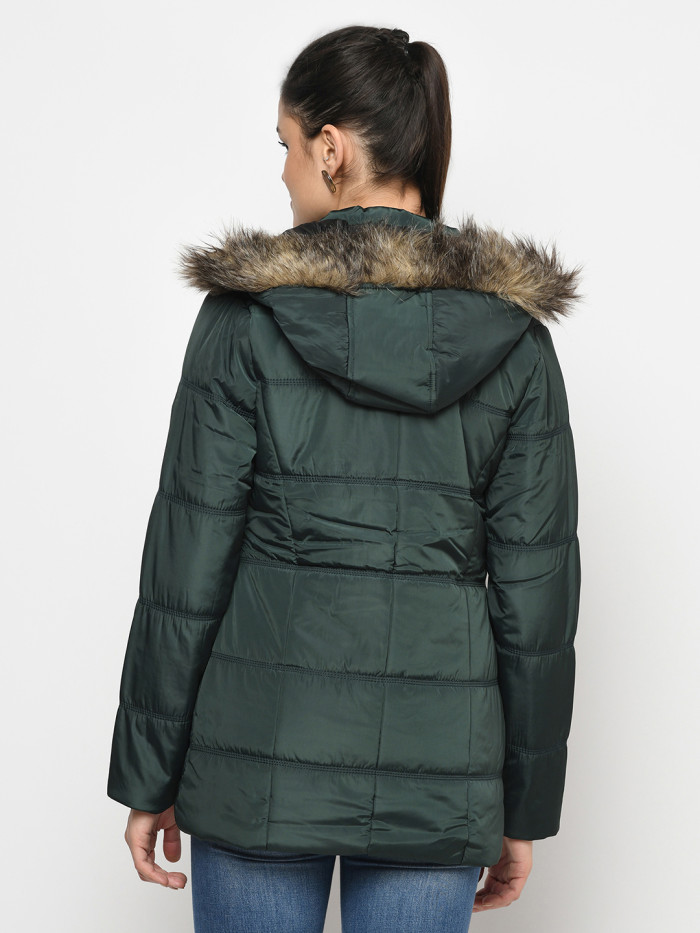 A model showcasing Women High Neck Puffer Jacket With Detachable Hood thumbnail.