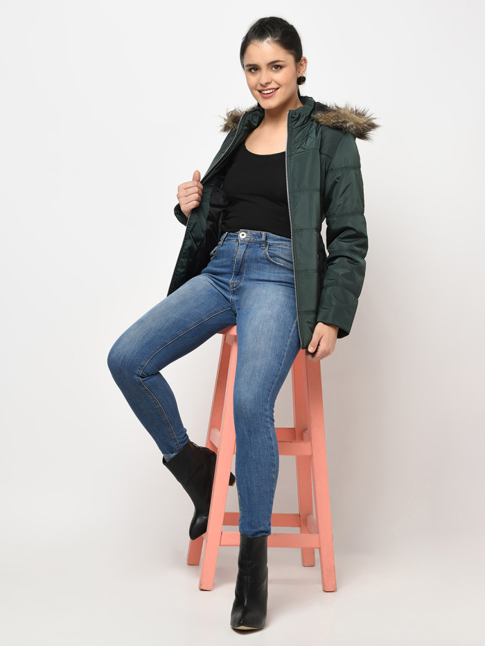 A model showcasing Women High Neck Puffer Jacket With Detachable Hood thumbnail.