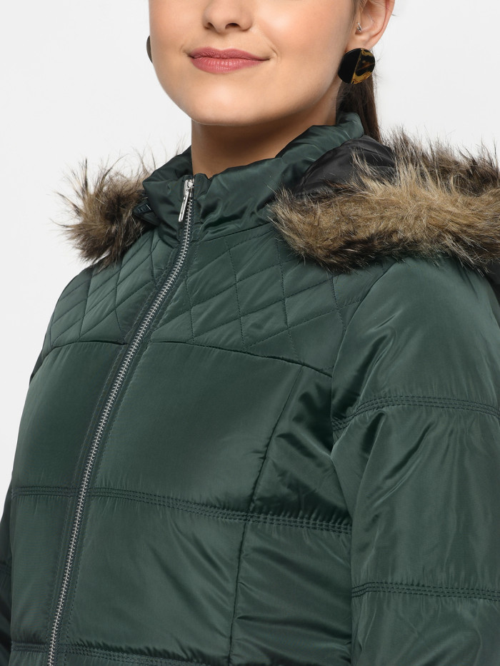 A model showcasing Women High Neck Puffer Jacket With Detachable Hood thumbnail.