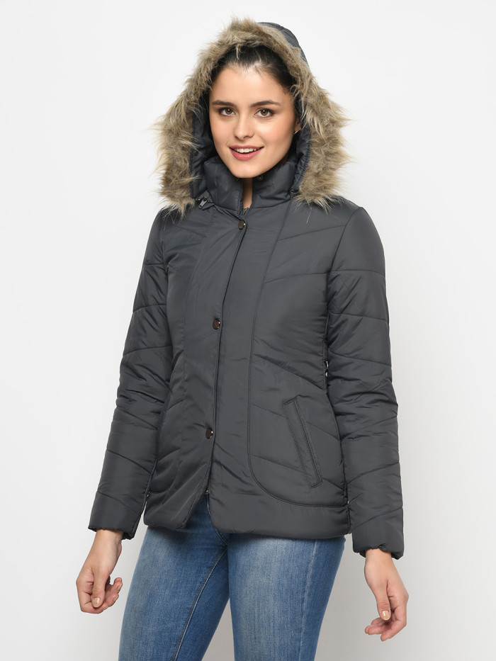 A model showcasing Women High Neck Casual Jacket With Detachable Hood thumbnail.