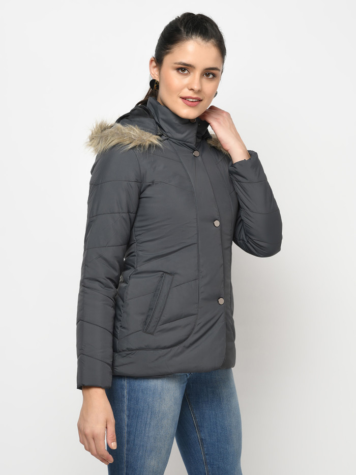 A model showcasing Women High Neck Casual Jacket With Detachable Hood thumbnail.