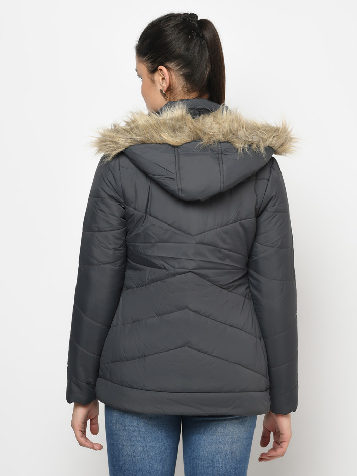 A model showcasing Women High Neck Casual Jacket With Detachable Hood thumbnail.