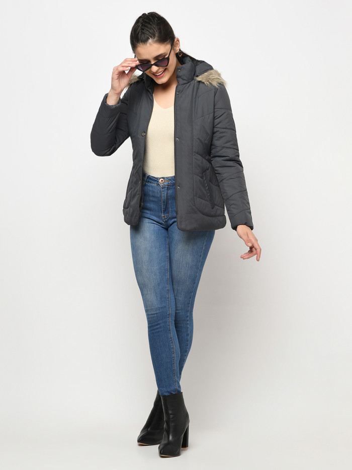 A model showcasing Women High Neck Casual Jacket With Detachable Hood thumbnail.