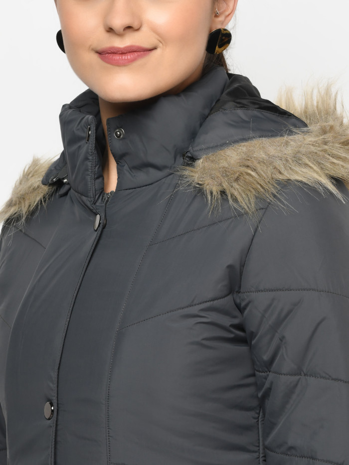 A model showcasing Women High Neck Casual Jacket With Detachable Hood thumbnail.