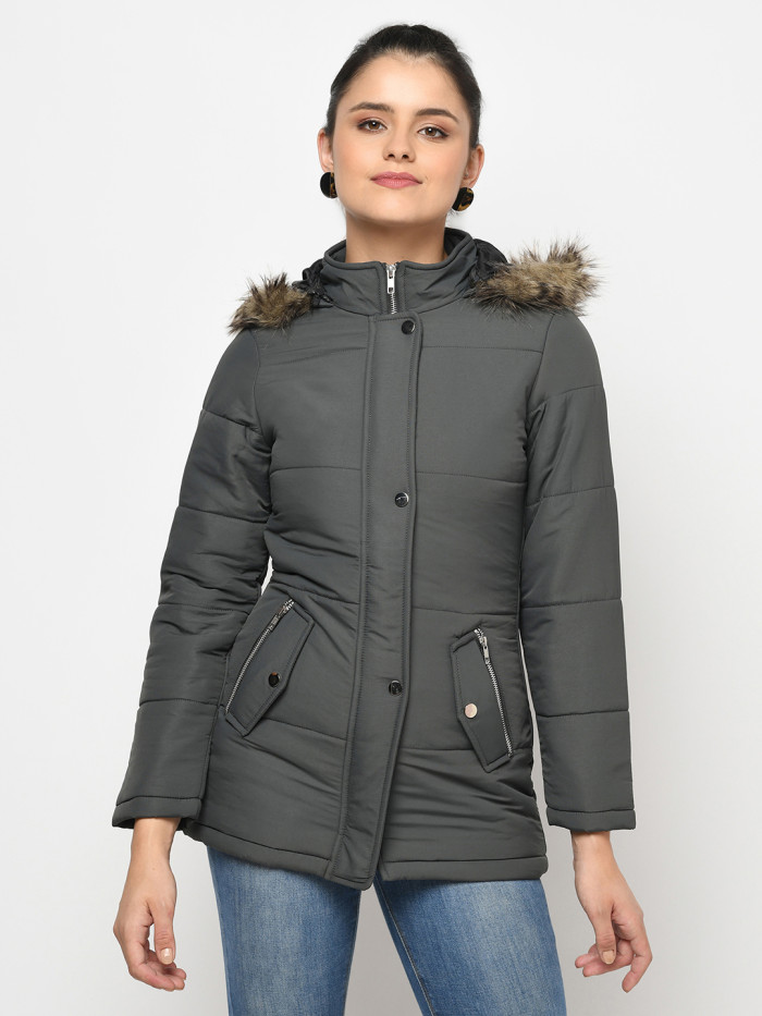 Women High Neck Puffer Jacket With Faux Fur Trim - Charcoal