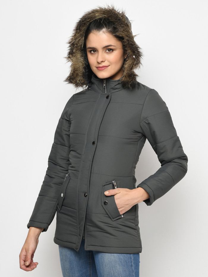 A model showcasing Women High Neck Puffer Jacket With Faux Fur Trim thumbnail.