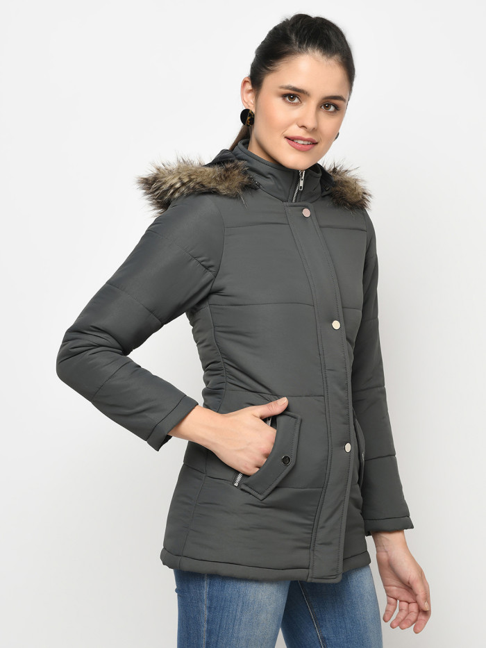 A model showcasing Women High Neck Puffer Jacket With Faux Fur Trim thumbnail.