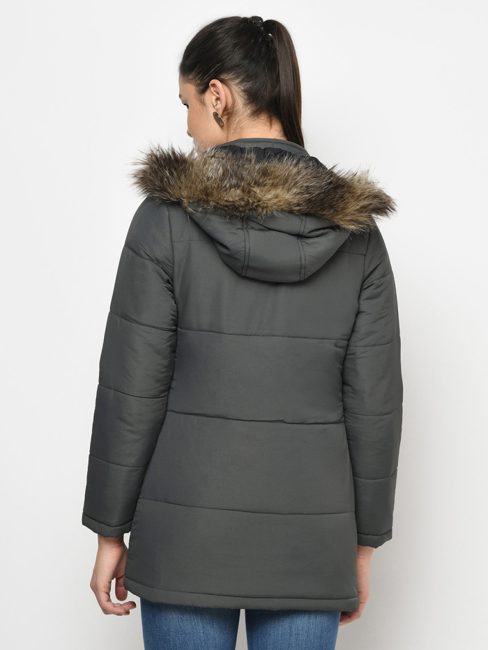 A model showcasing Women High Neck Puffer Jacket With Faux Fur Trim thumbnail.