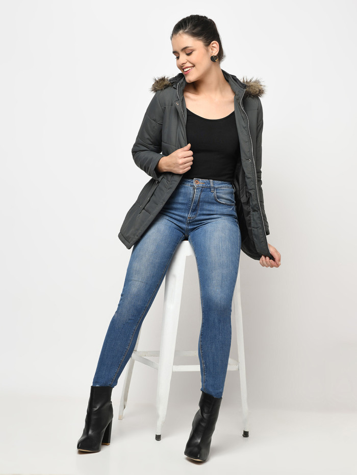 A model showcasing Women High Neck Puffer Jacket With Faux Fur Trim thumbnail.