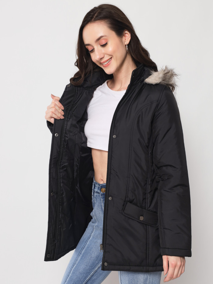 A model showcasing Women High Neck Parka Jacket With Detachable Hood thumbnail.