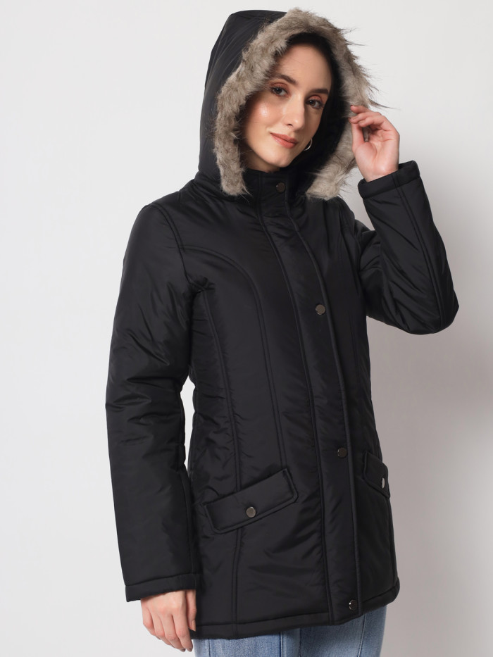 A model showcasing Women High Neck Parka Jacket With Detachable Hood thumbnail.