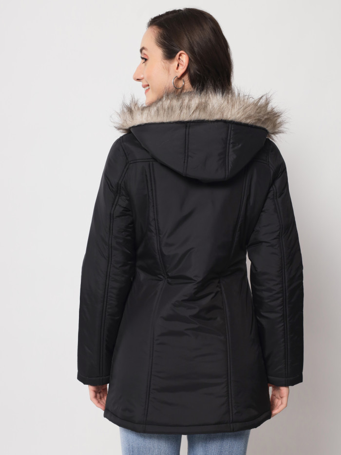 A model showcasing Women High Neck Parka Jacket With Detachable Hood thumbnail.