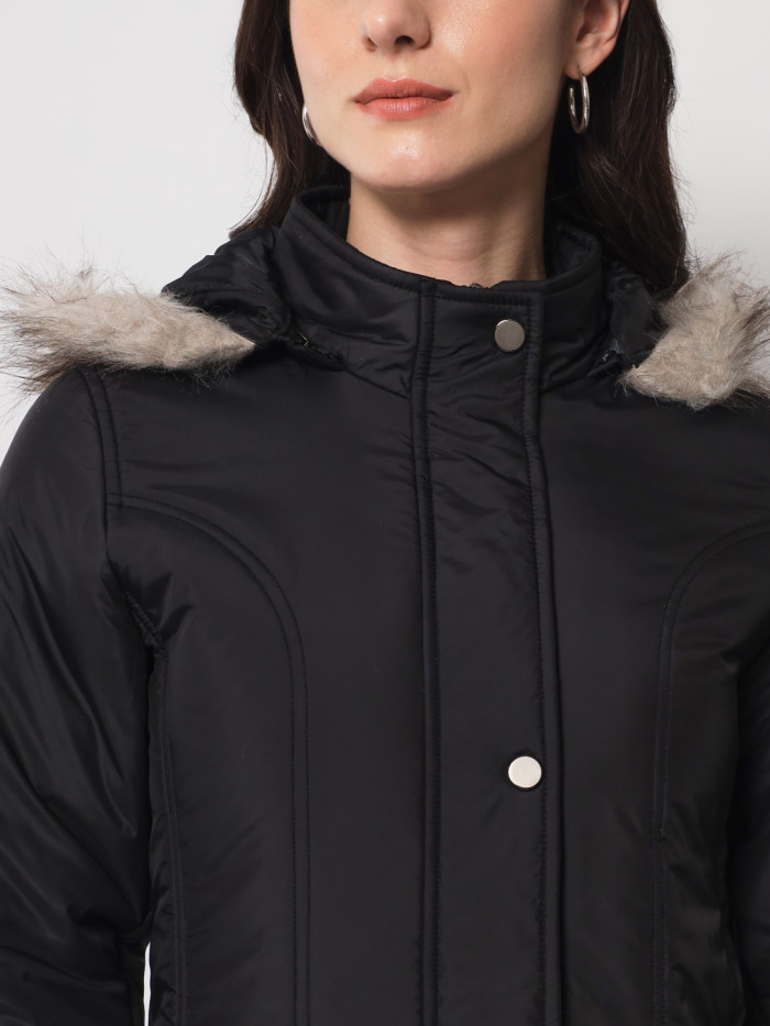 A model showcasing Women High Neck Parka Jacket With Detachable Hood thumbnail.