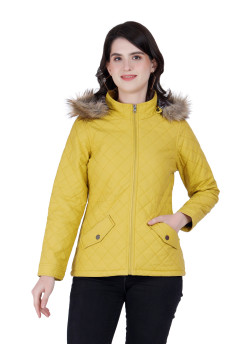 A cropped image of a woman wearing a Mustard Quilted Jacket with a high neck, and matching hood designed for casual winter layering and comfort.