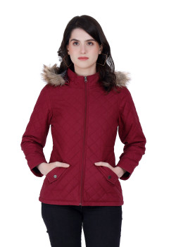 A cropped image of a woman wearing a Plum Quilted Jacket with a high neck, and matching hood designed for casual winter layering and comfort.